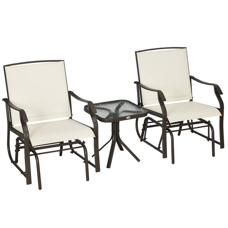 3-Piece Outdoor Rocking Glider Set with Glass Side Table, Cream White Patio Chairs with Breathable Mesh and Steel Frame
