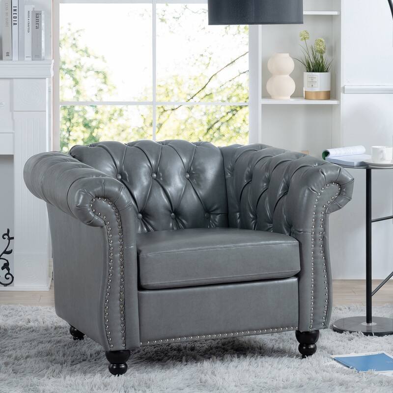 PU Leather Accent Chair,Classic Tufted Chesterfield Sofa For Living Room,Grey