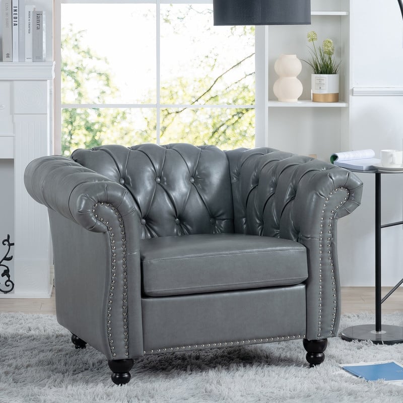 PU Leather Accent Chair,Classic Tufted Chesterfield Sofa For Living Room,Grey