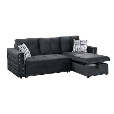 Ero Convertible Sectional Sofa, Storage Chaise, 2 Pillows Black Velvet
