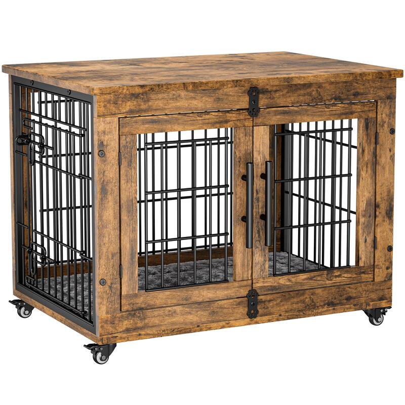 Dog Crate Indoor Heavy Duty Double Doors Wooden Dog Cage with Cushion
