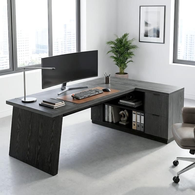 78" L-Shaped Executive Desk with File Cabinet & Shelves, Home Office