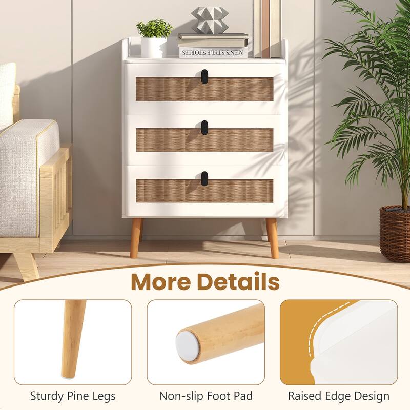Gymax Modern Nightstand End Bedside Table w/ 3 Rattan Drawers & Solid
