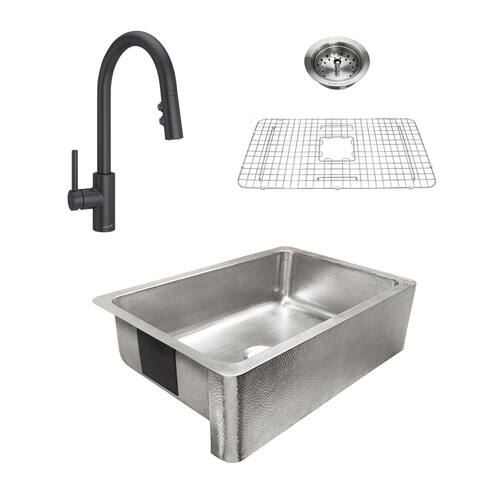 Percy Apron-Front Brushed Stainless Steel 32 in. Single Bowl Kitchen Sink with Pfister Matte Black Stellen Faucet All-in-One Kit