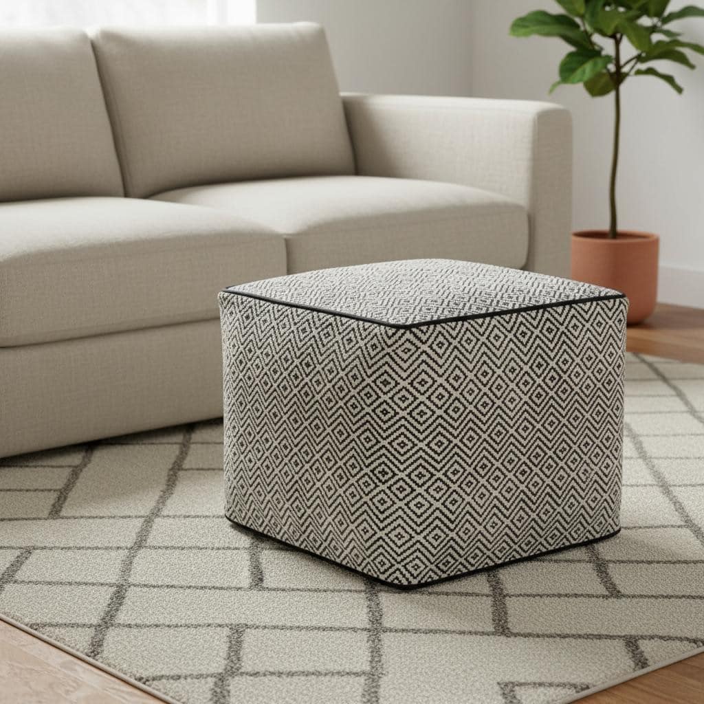 HomeRoots 18" Black and White Cotton Geometric Pouf Ottoman