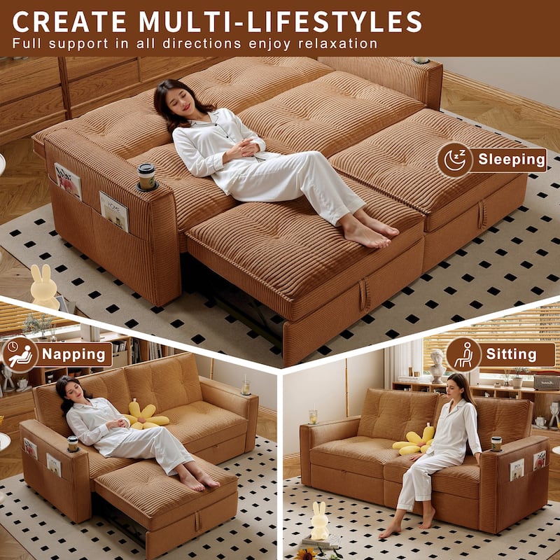 Multi-Functional Corduroy Loveseat Couch Convertible Sleeper Sofa Bed with Cup Holders and Side Pockets for Sitting, Sleeping