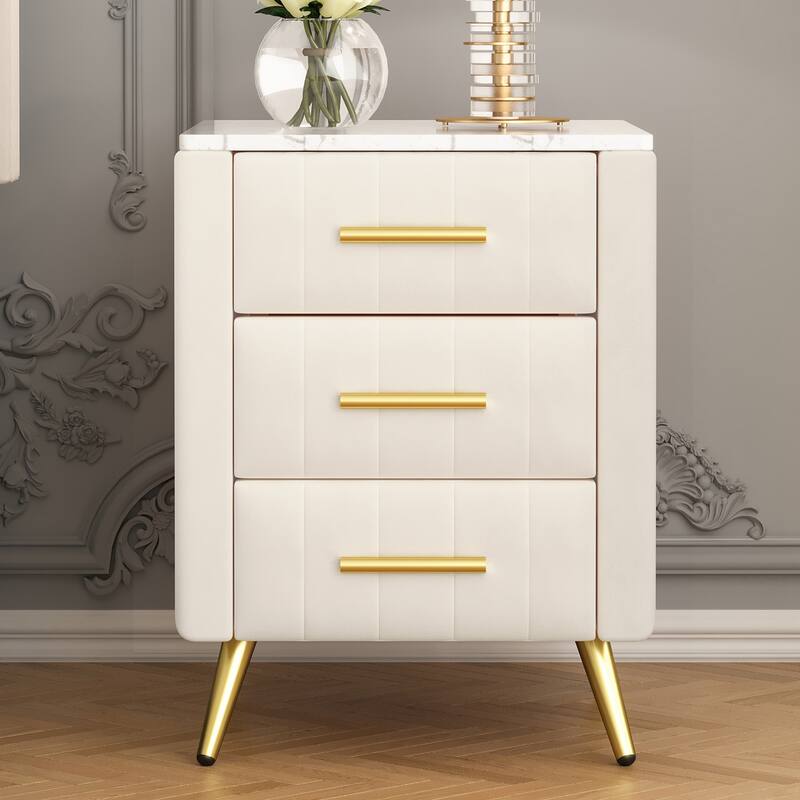 Upholstered Wooden 3-Drawer Nightstand - Metal Legs/Handles + Marbling Sticker Top Bedside Table (Beige)