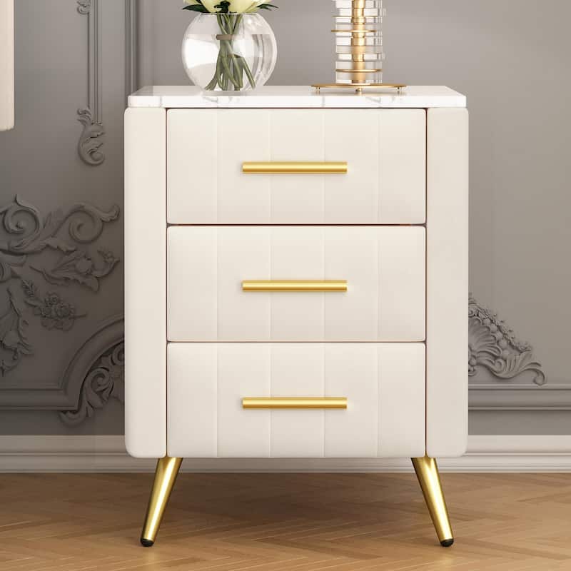 Velvet Nightstand with Storage, Round /Square Bedside Table with 3 Drawers, Metal Handles,Marbling Stickers Top