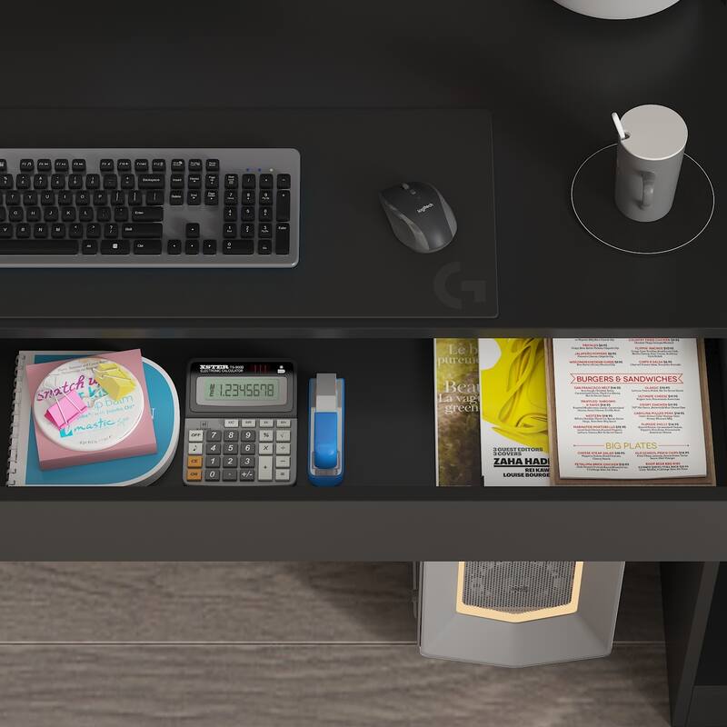 90.6"Illuminated Glass Workstation Productive Workspace Bookshelf Desk