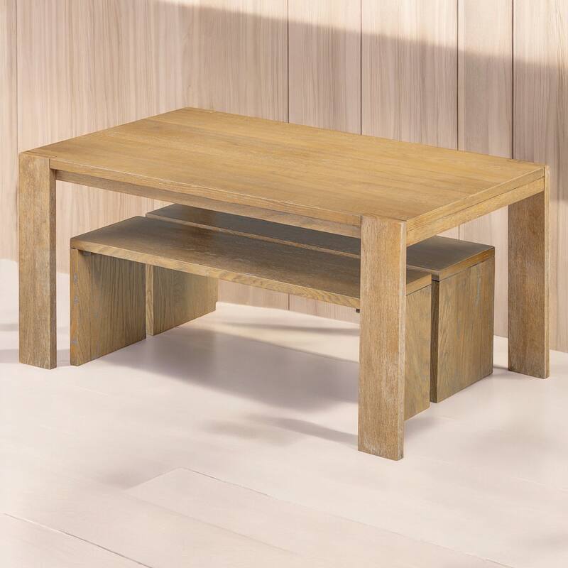3-Piece Farmhouse Dining Table Set with 2 Benches, Space-Saving Wood Kitchen Table for Dining Room or Kitchen