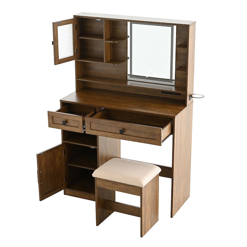 Vanity Desk with Touch Control Light Mirror, Dressing Table Set with Charging Station & Stool, Large Makeup Vanity Table