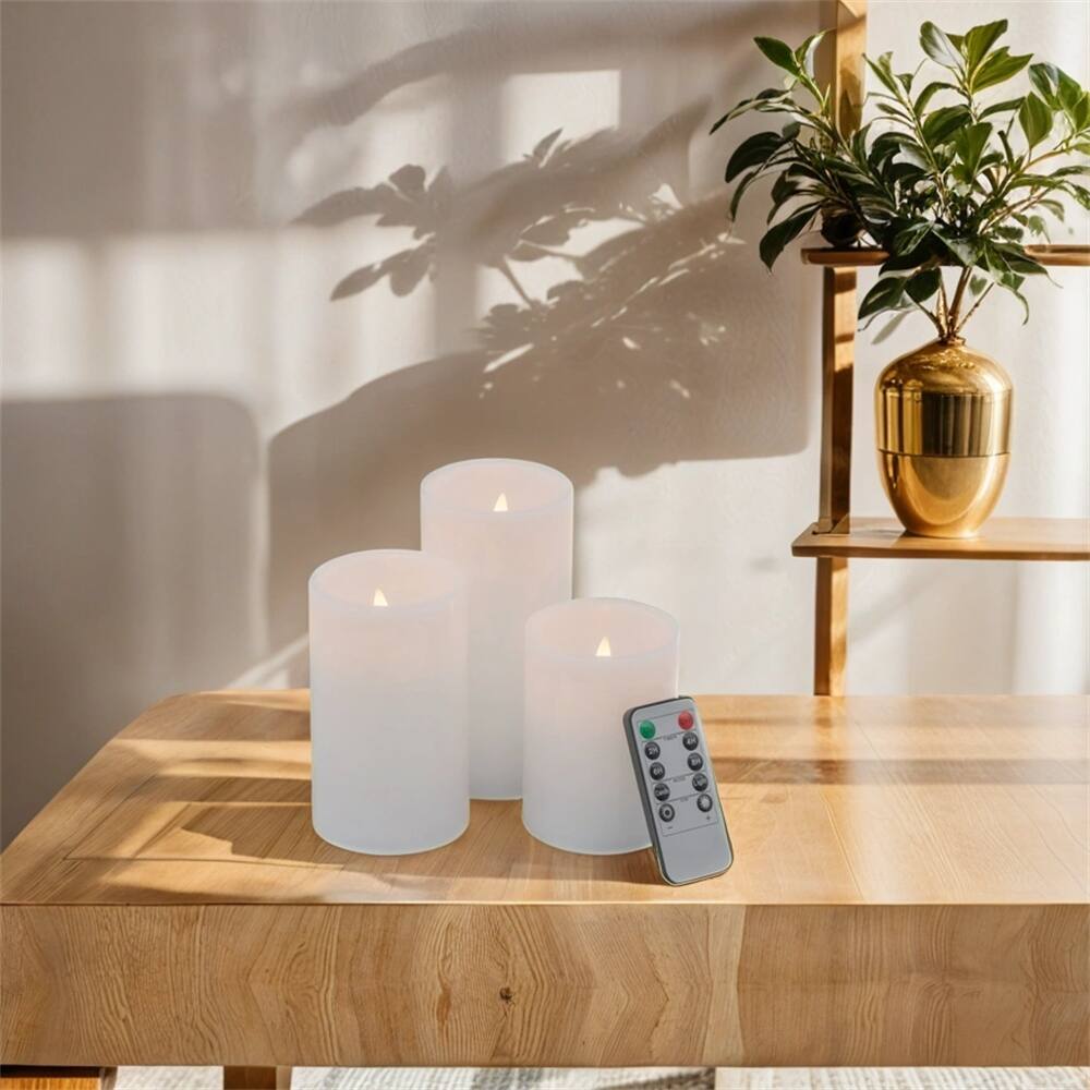 Set of 3 White LED Candles with Remote Timer,L:D3X6" M:D3X5" S:D3X4"