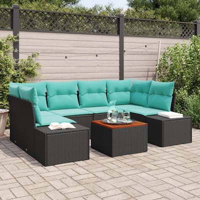 vidaXL 7 Piece Garden Sofa Set with Cushions Black Poly Rattan Acacia - 92.1×60.6×27.2