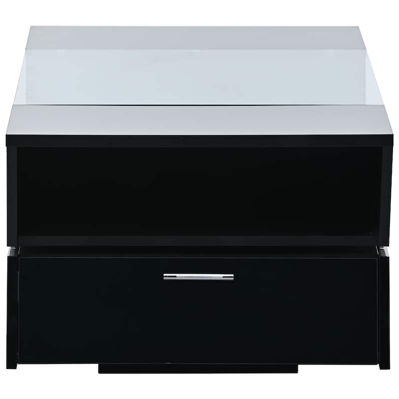Glass-Top Coffee Table with Open Storage Shelves and Cabinets, Rectangular Cocktail Table 2-Tier Center Table for Living Room