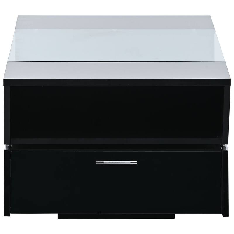 Roomfitters Glass-Top Coffee Table with Open Shelves and Cabinets, Modern 2-Tier Center Table with Storage for Living Room