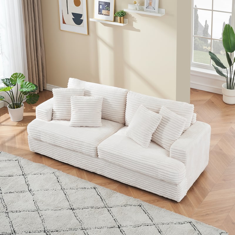 Corduroy Upholstered 3 Seater Sofa, Oversized Cloud Deep Seat Couch with 4 Lumbar Pillows, Loveseat for Living Room, Apartment - White