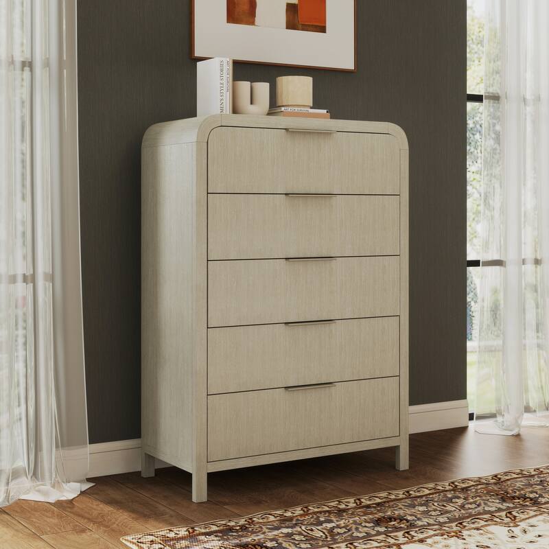 Roundhill Furniture Tavari 5-Piece Bedroom Set with Panel Bed, Dresser, Mirror, Nightstand, and Chest in Light Gray