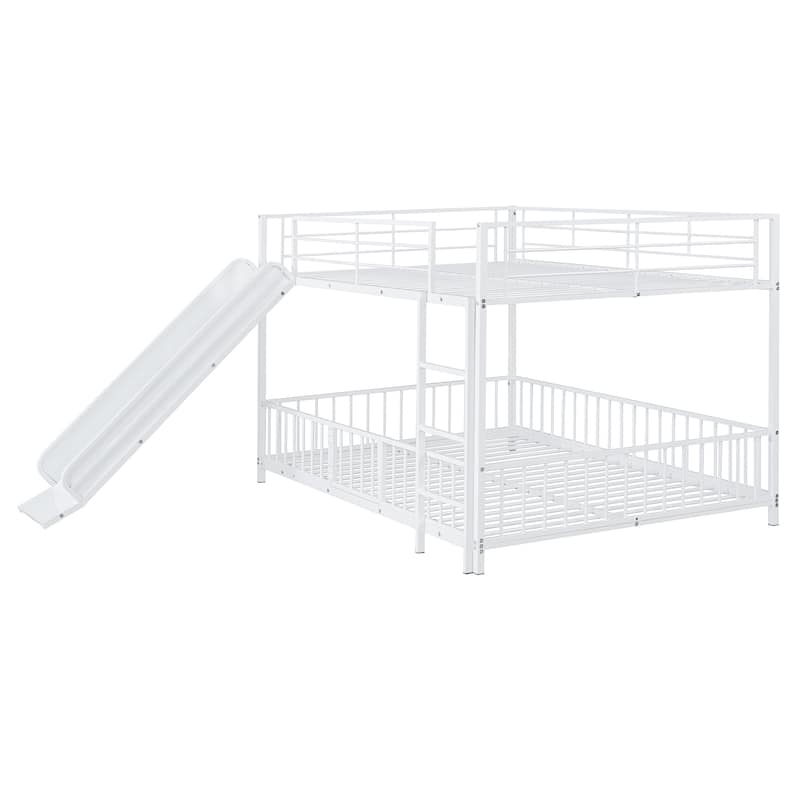 White Full over Full Size Metal Bunk Bed with Slide and Guardrails for Kids, Boys and Girls, Bedroom