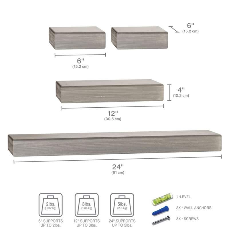 Melannco Set of 4 Distressed Gray Chunky Shelves, 2-6, 12, 24 Inch