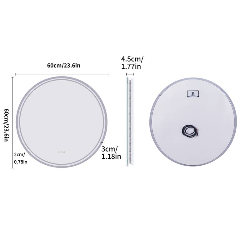 23.6''x23.6'' Round Intelligent Bathroom Wall Mirror w/Demister Led Light