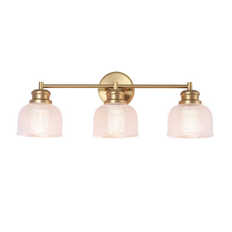 23.8" W 3-Light Retro Industrial Gold Bowl-Shaped Bathroom Vanity Light with Clear Chequered Textured Glass Shades