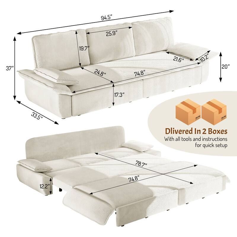 94.5" Corduroy Sofa Bed, 3-in-1 Convertible Sleeper Sofa Couch, Pull Out Sofa Bed, Space-Saving Upholstered Sofa