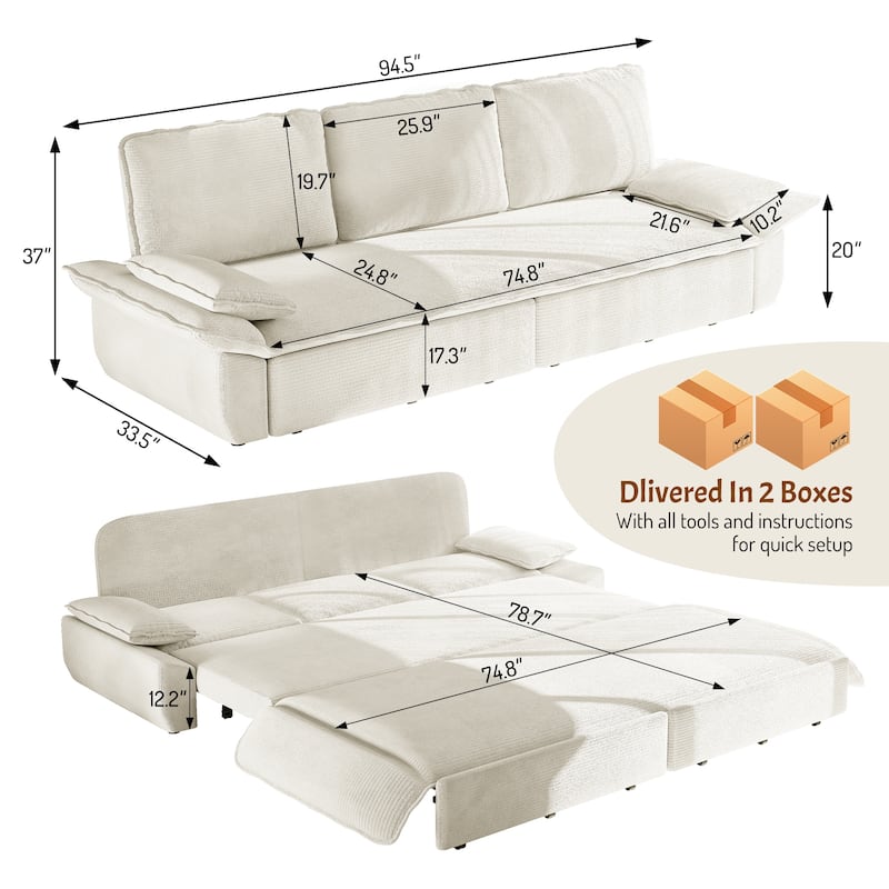 Homy Casa 73.2''/94.5" Queen/King Pull Out Sofa Bed, 3-in-1 Corduroy/Velvet Sleeper Couch