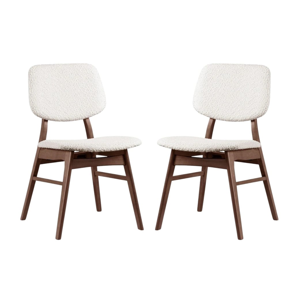 Set of 2 Boucle Upholstered Dining Chairs with Padded Back and Seat in Walnut and Beige