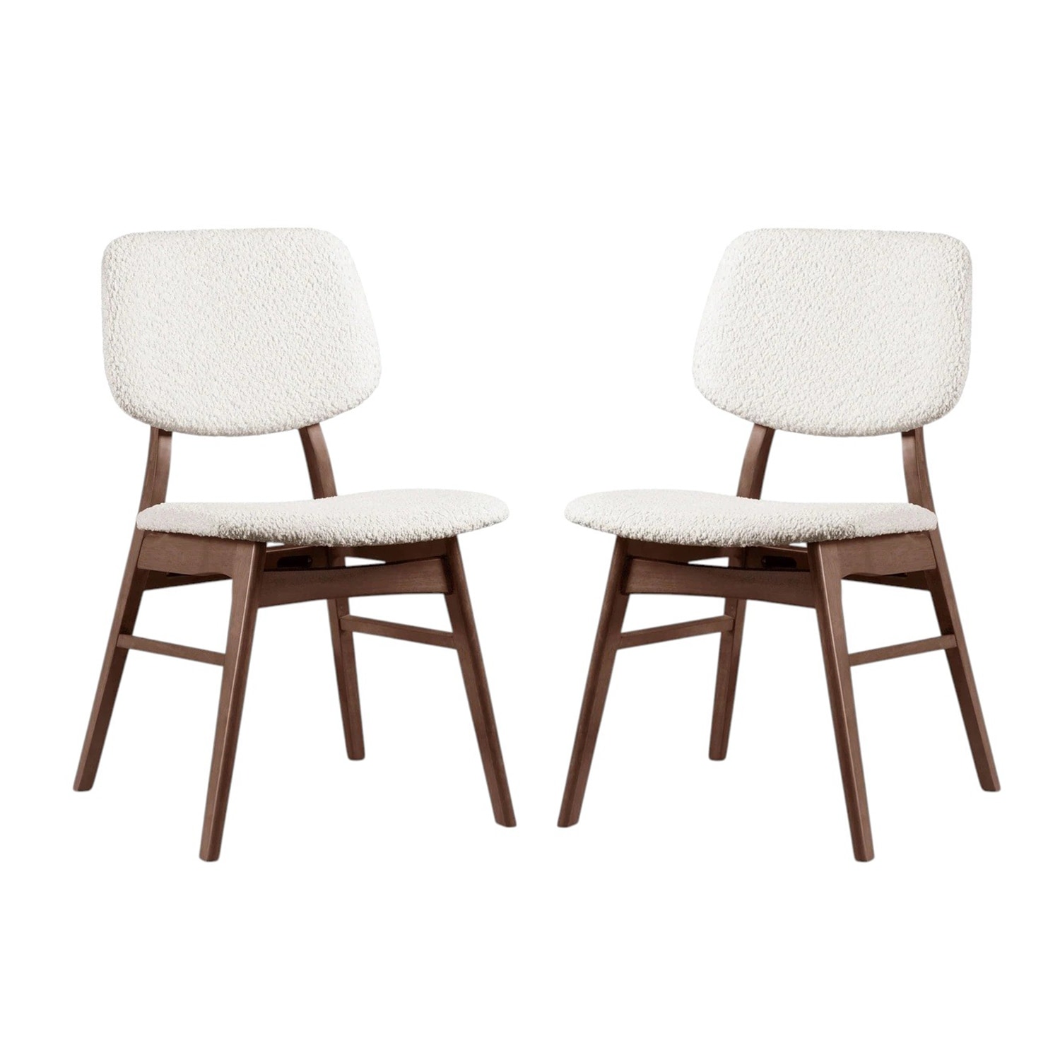Set of 2 Boucle Upholstered Dining Chairs with Padded Back and Seat in Walnut and Beige