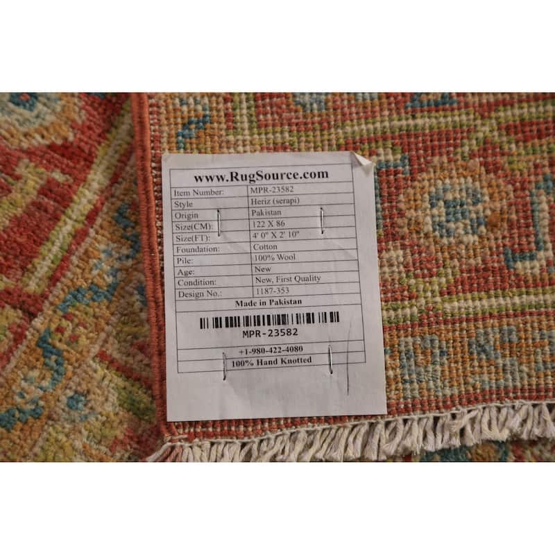 Vegetable Dye Heriz Serapi Rug Hand-Knotted Orange Wool Carpet - 2'10"x 4'0"