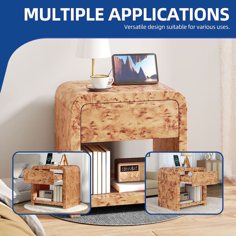 Moasis Sofa End Table with Charging Station, Side Tble with Storage Shelf and Drawer
