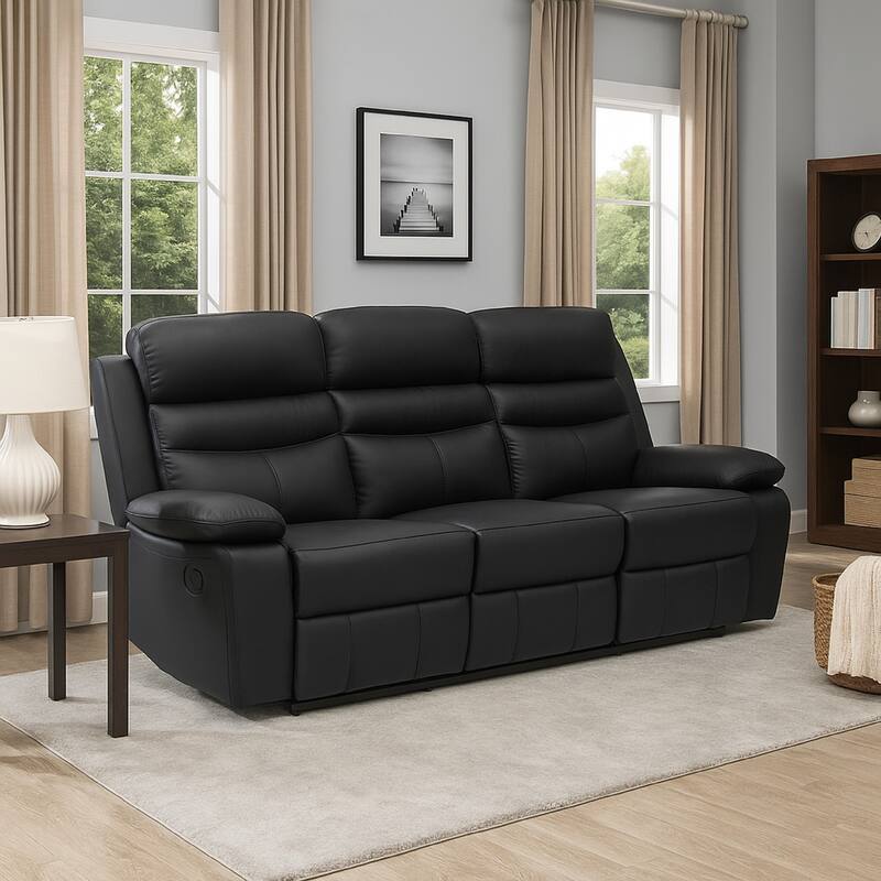 Hanna Manual Double Reclining Sofa, Black Top Grain Leather, 87 Inch