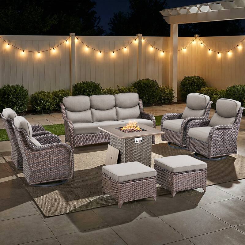Pocassy Outdoor Propane Fire Pit Table with Sofa Swivel Chair Funiture Set. - Brown Wicker Gray Cushion - 8-Piece Sofa Swivel Chair Ottoman w/ Fie Table