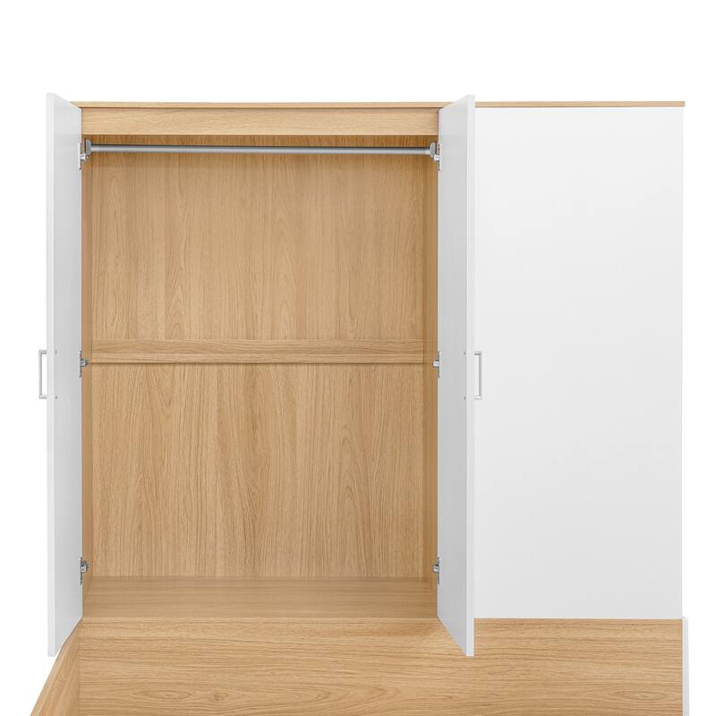 Roomfitters Full Platform Bed System with Integrated Desk, Wardrobe and Storage Bins, All-in-One Bedroom Suite