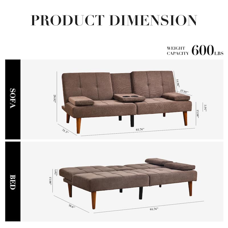 ​65" Futon Sofa Bed - Adjustable, Dual Cup Holders, Space-Saving for Small Rooms​