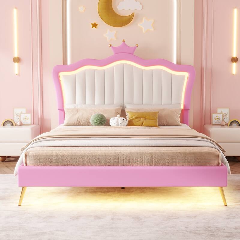 Modern Twin Upholstered Princess Bed with Crown-Shaped Headboard, LED Lighting, Pink & White Frame, Sturdy Quiet Design