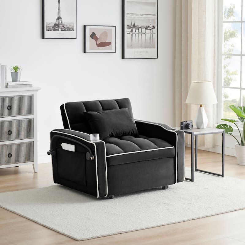 Versatile Foldable Sofa Bed in Black with Adjustable Back, USB Port, Ashtray and Phone Stand