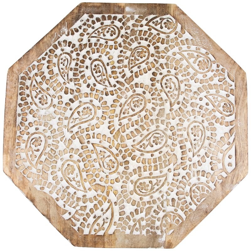 21" Wood Brushed White Engraved Paisley Octagonal Pedestal Side Table