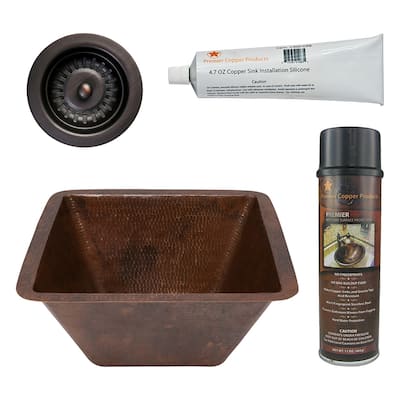 15" Square Hammered Copper Bar/Prep Sink w/ 3.5" Drain Opening, Matching Drain and Accessories