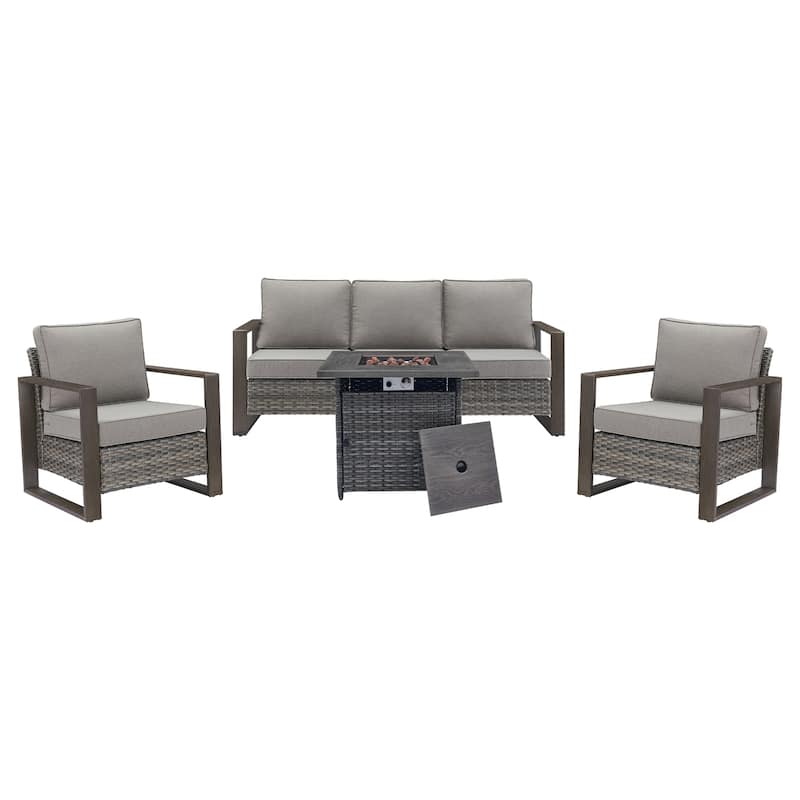 Pocassy Outdoor Fire Pit Conversation Set 3-Seat Sofa Chairs Patio Furniture Set