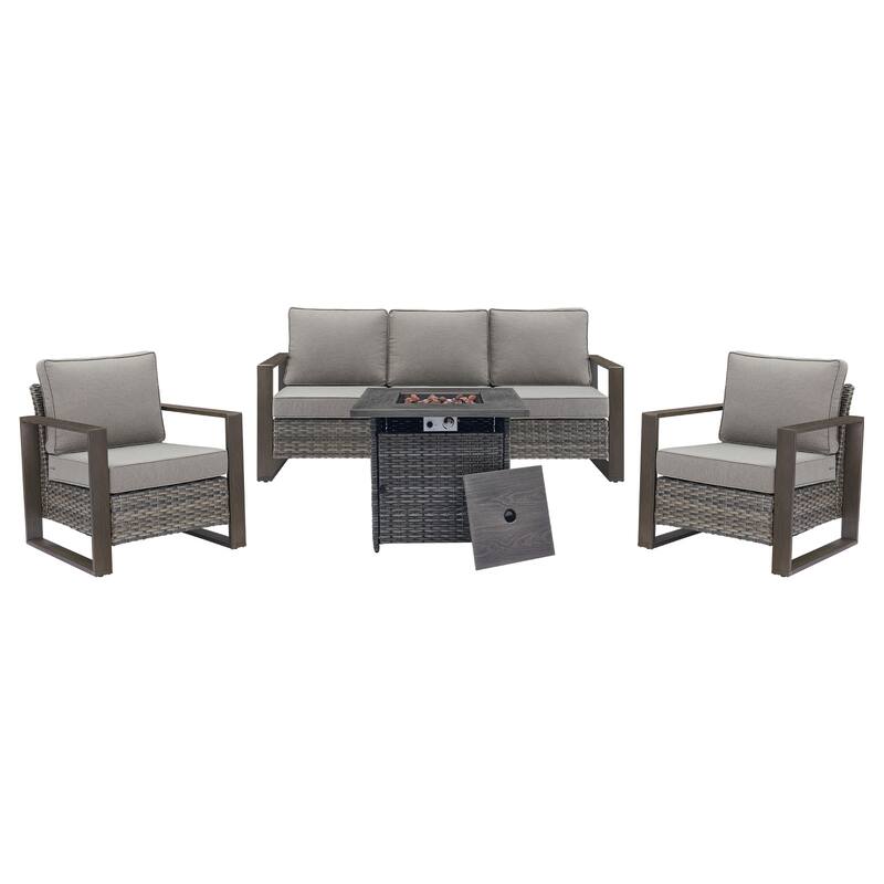 Pocassy Outdoor Fire Pit with 3-Seat Sofa Club Chairs Patio Furniture Set
