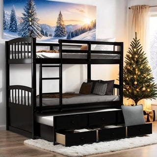 Twin Bunk Bed with Trundle, Ladder, Safety Rail and 3 Drawers, Black
