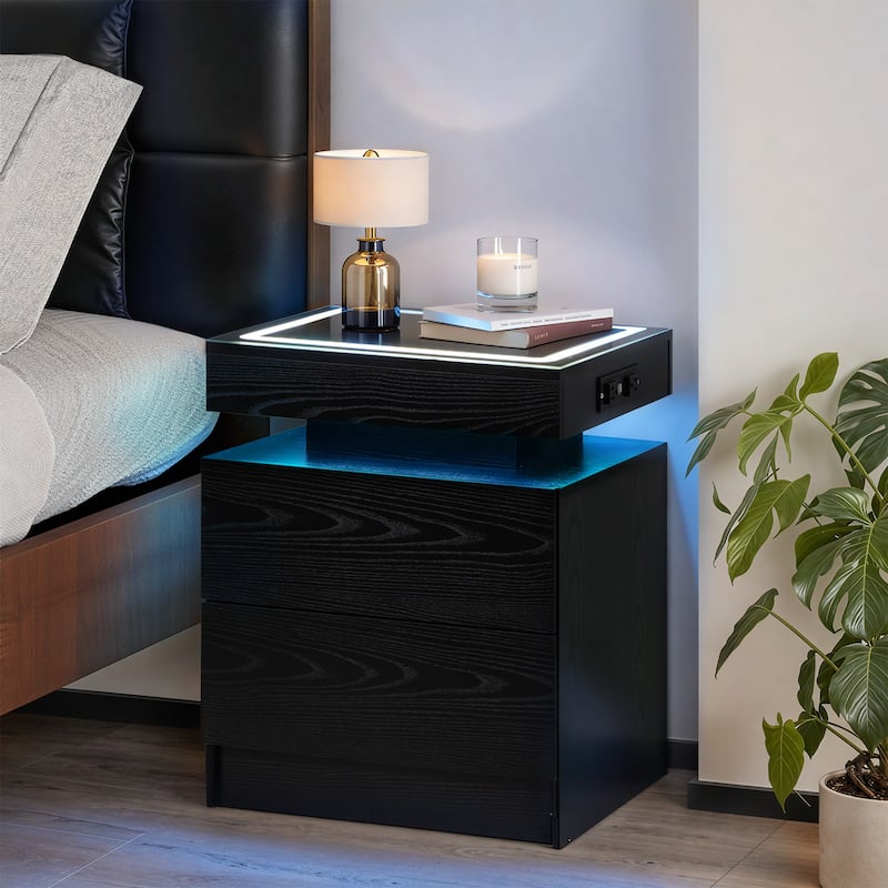 EROMMY LED Nightstand with Charging Station, Floating Bedside Table with Drawers and RGB Lights