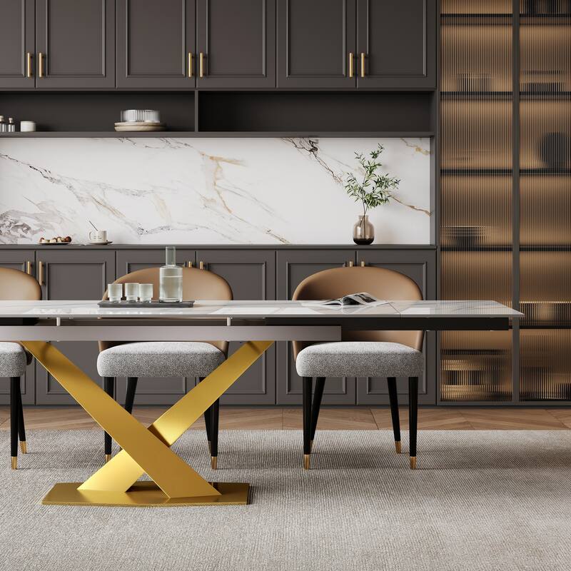 9 - Piece 94.48'' Rectangular Extendable Sintered Stone Dining Table with 8 Faux leather Chairs Dining Set