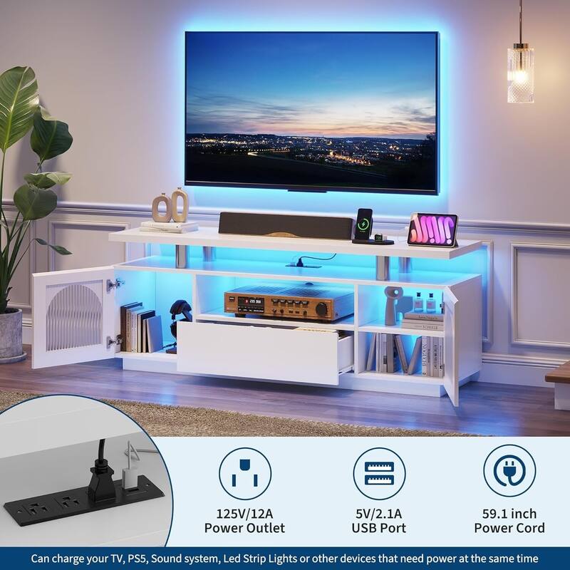 TV Stand for 65 inch TV, with Power Outlets and LED Lights