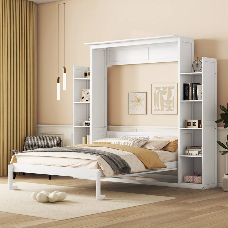 Solid Wood Murphy Wall Bed w/ LED Lights & Open Storage Shelves, Full/Queen Size Folding Murphy Cabinet Bed, Space Saving Design