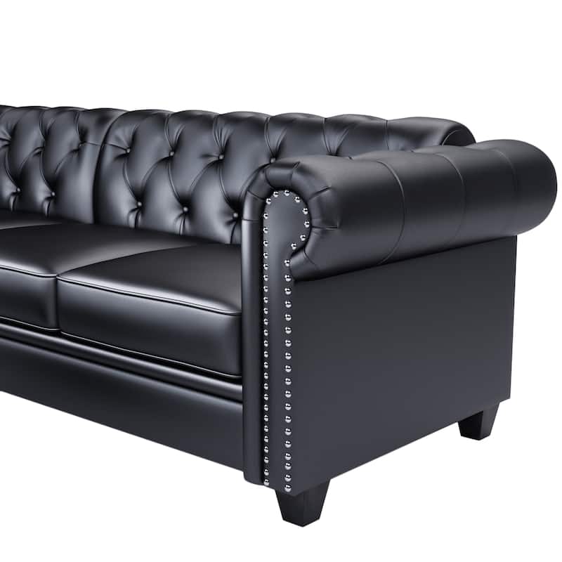116" Chesterfield Sectional Sofa Set, PU Leather 4-Seat Living Room Set with Storage Ottoman ,Nailheaded