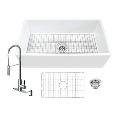 Soleil All-In-One White Fireclay Farmhouse Apron Front Single Bowl Kitchen Sink with Pull Down Kitchen Faucet