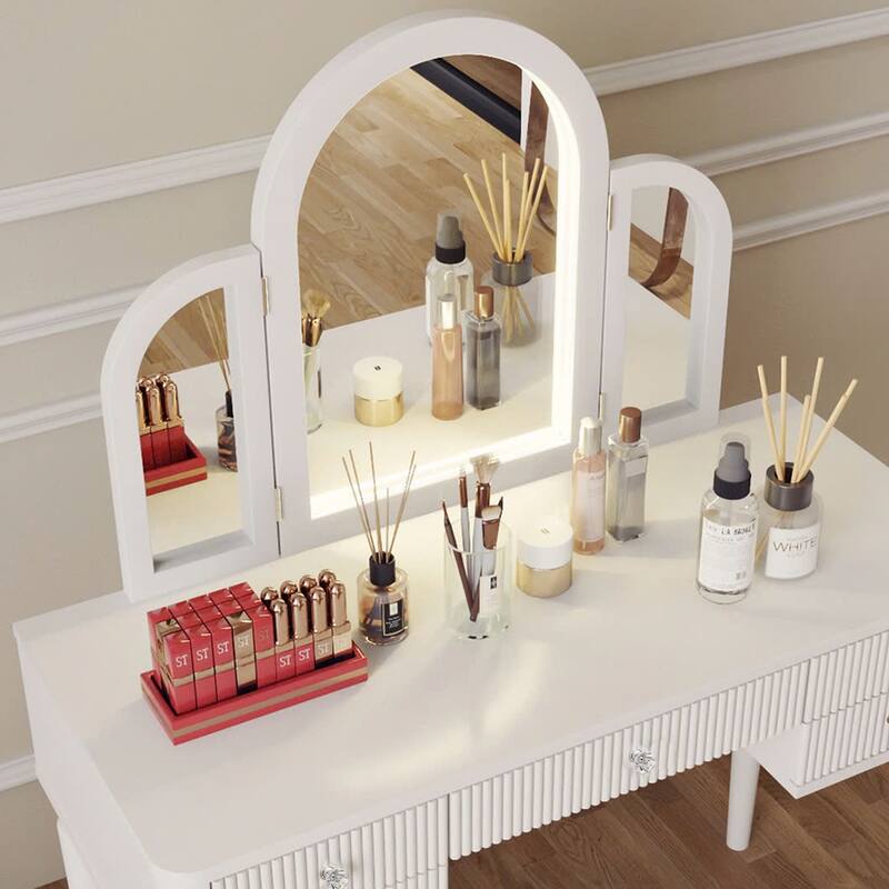 AGODY Mirrored Vanity with LED Light - Antique White