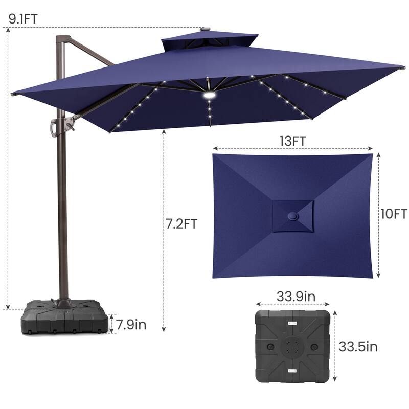 13 x 10ft Solar Powered LED Patio Cantilever Umbrella 360-degree Rotation with Weighted Base